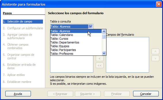 Seleccionar la tabla o consulta origen de los datos