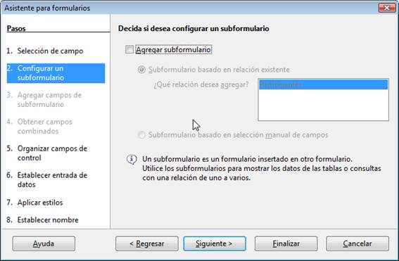 Configuración del subformulario