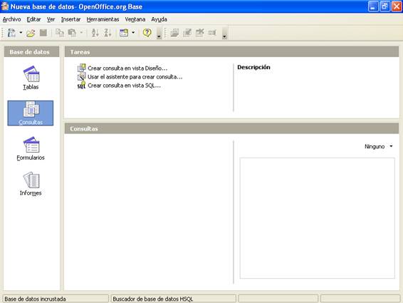 Ventana principal para la creación de consulta de base de datos