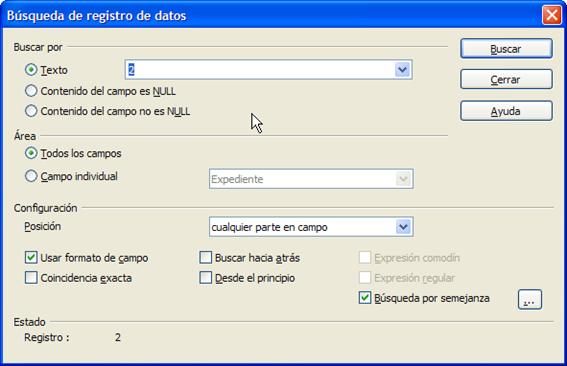 Cuadro de diálogo Búsqueda de registro de datos