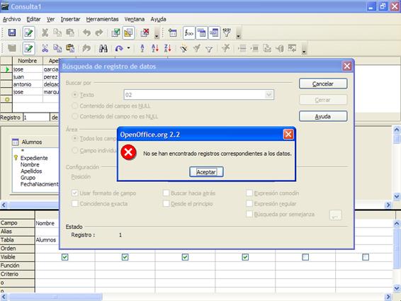Error no encontrar registros coincidentes